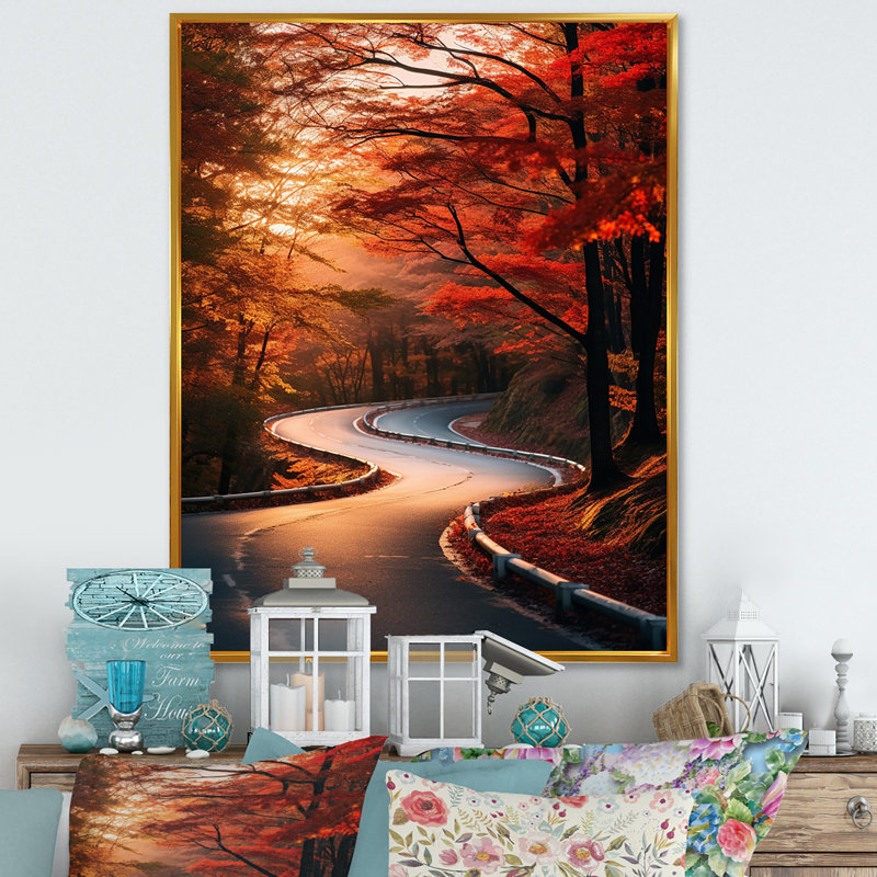 «Crimson Autumn Road Into Forest III» - art mural route, H 44 po x l 34 po x P 1,5 po, Cadre flottant doré