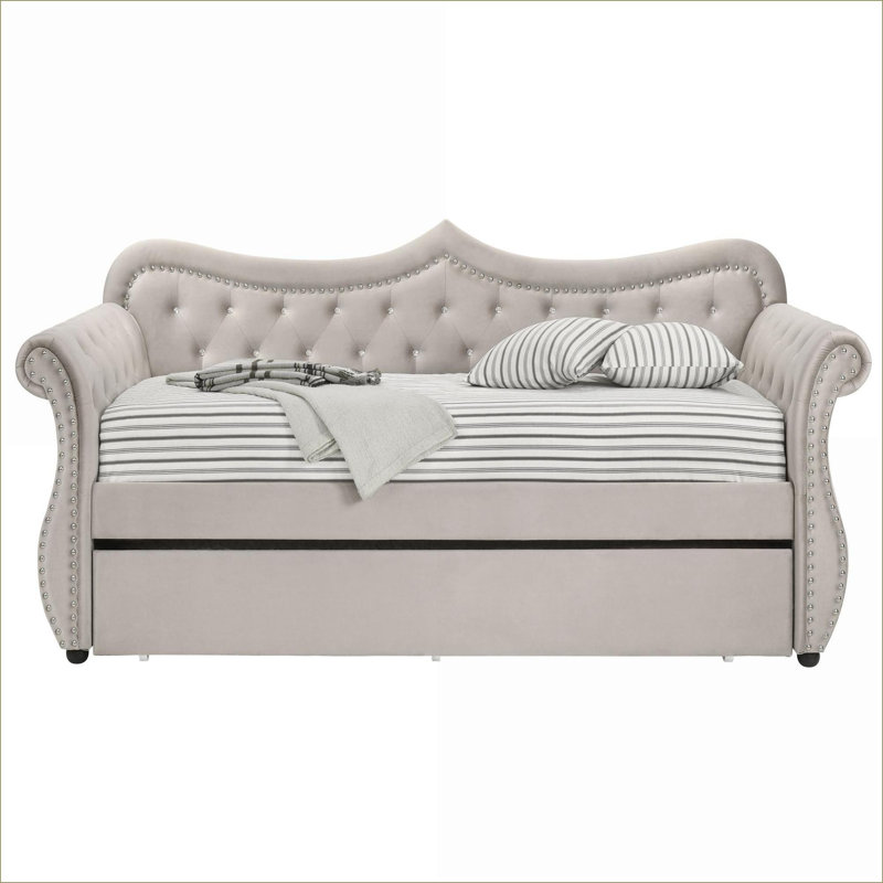 Twin Daybed with Trundle | Modern Upholstered for Small Spaces | Velvet | Beige, Beige