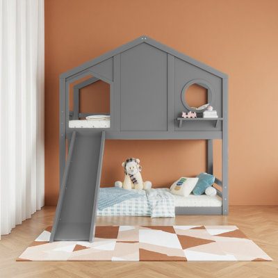 Twin House Bunk Bed With Slide And Storage Shelves, Solid Wood House Loft Bed With Window, Childlike Design