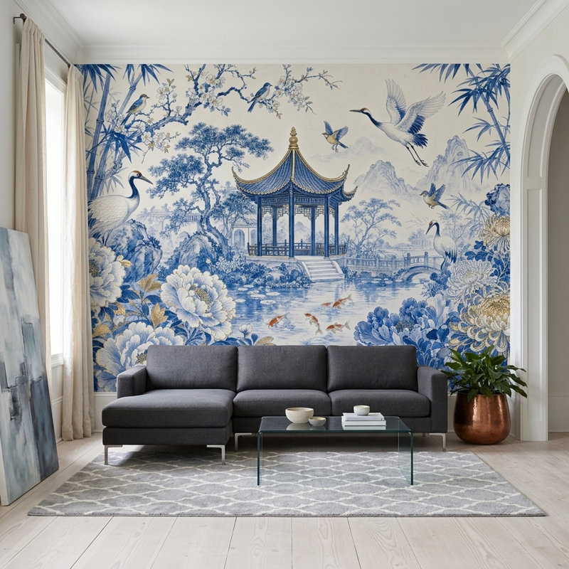 Papier peint chinois et bleu chinois, 120 po x 96 po, Texturé non collé
