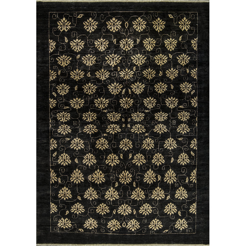 Tapis noir et crème noué à la main de haute qualité
