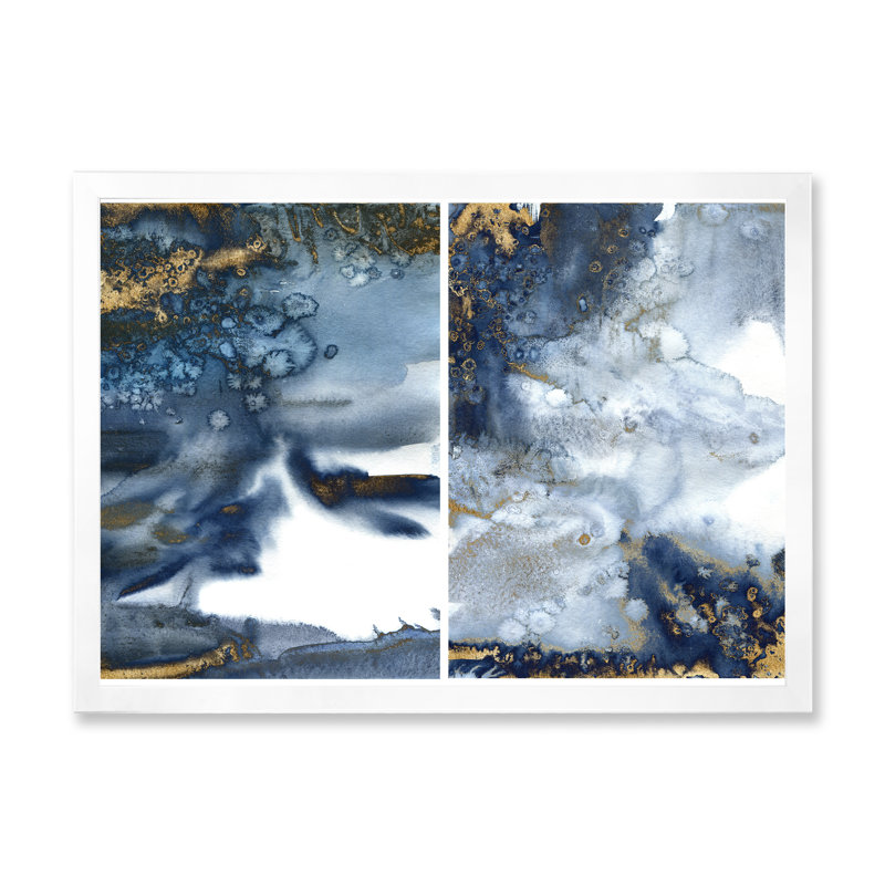 «Dark Blue and Gold Abstract Waves IV», peinture sur toile encadrée, H 24 po x l 32 po x P 1 po, Toile blanche encadrée