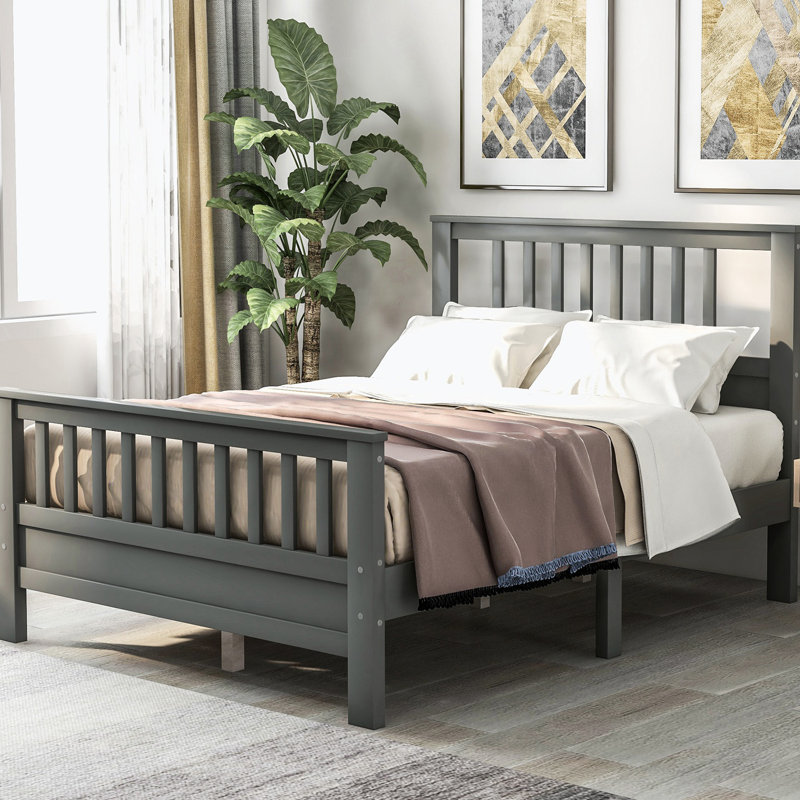 Lit plateforme en bois avec tête de lit et pied de lit Oberlander, Double, Gris, Bois manufacturé