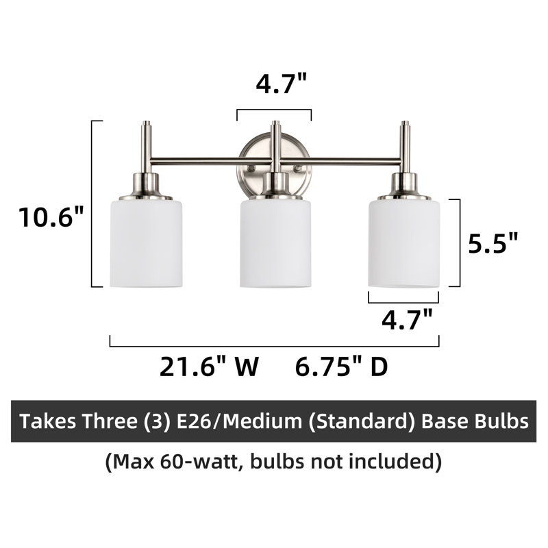 3-Light Brushed Nickel Contemporary Vanity Light with White Glass Shades, Dimmable, Hardwired, Damp Rated, 2 Finish Options