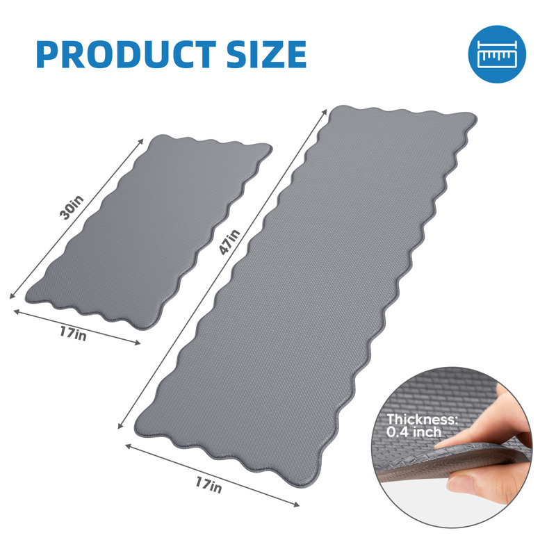 Tapis de cuisine festonnés anti-fatigue, Rectangle 17.3"x30" + 17.3"x47", Grey
