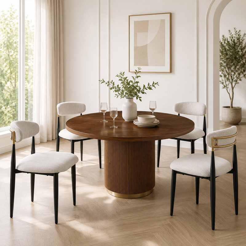 Ensemble de table de salle à manger 5 pièces de style contemporain avec 4 chaises rembourrées, table de poker ronde de 52 po avec porte-gobelets, base en roseau avec accents dorés, ensemble de jeu et de salle à manger convertible pour 4 joueurs