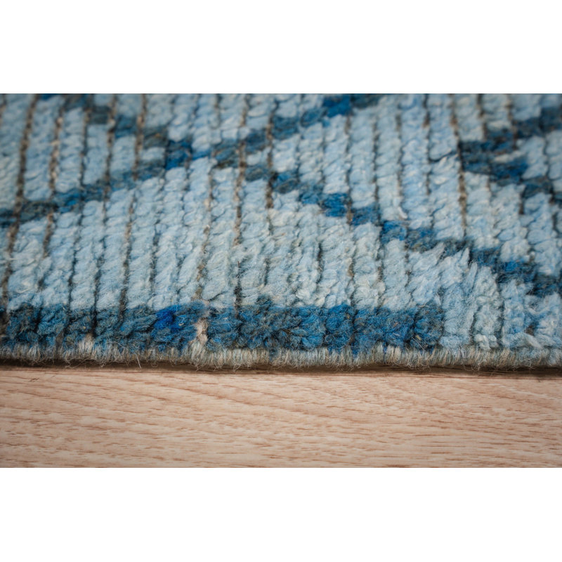 Blue Hand-Knotted Wool Diamond Trellis Geometric Modern Contemporary Carpet Rug, 6' x 9'