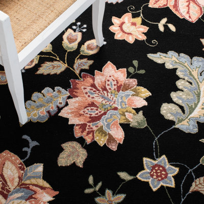 Hollander Floral Hand Hooked Wool Black Area Rug