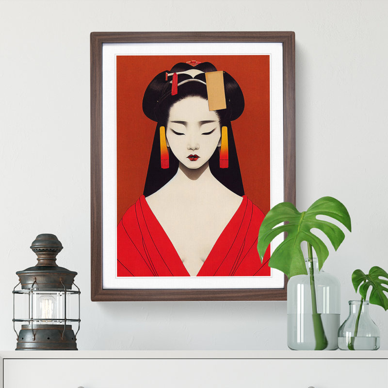 Symmetrical Geisha No.1 - Wall Art, 66cm H x 48cm W, Walnut Framed Paper, White