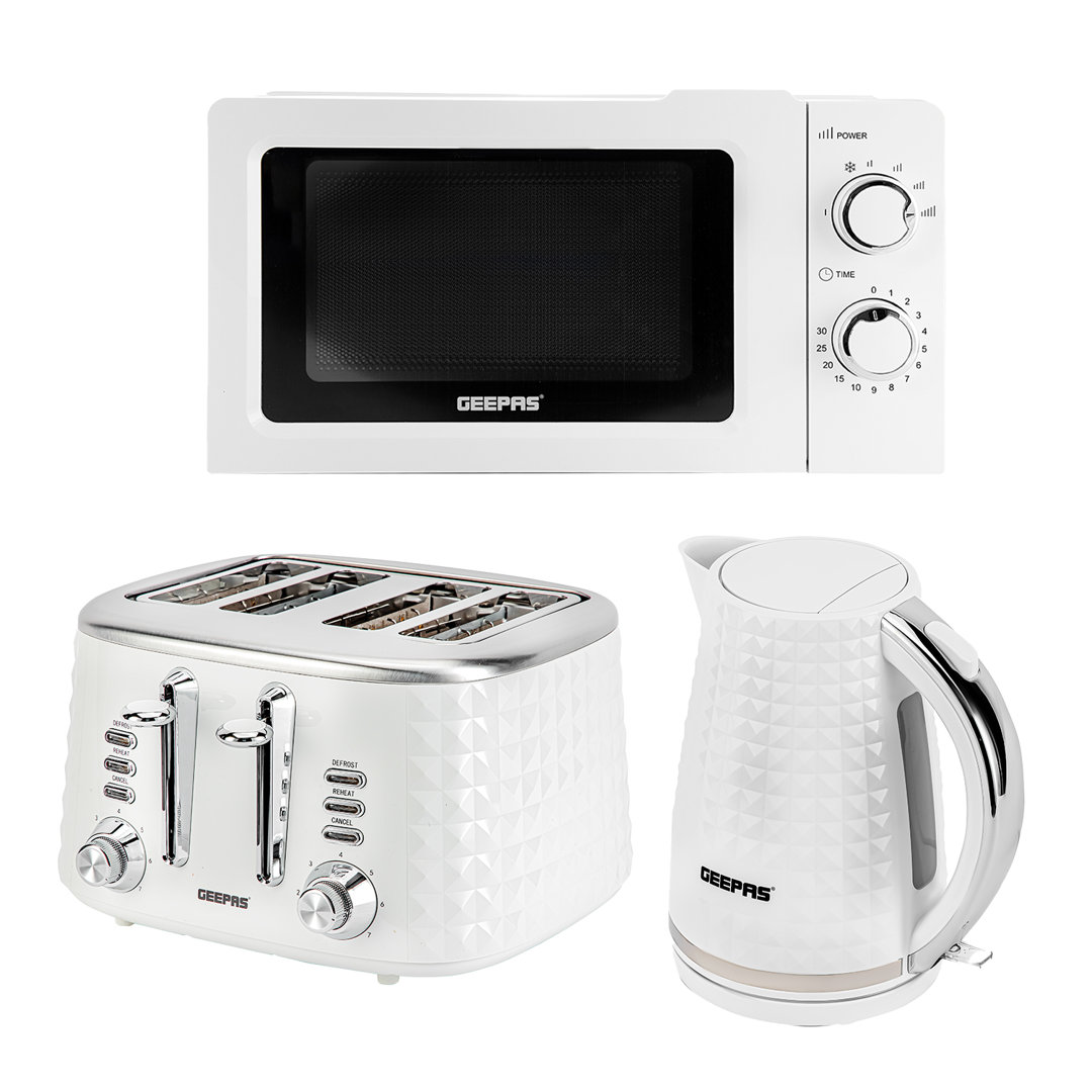 GEEPAS Electric Kettle 4 Slice Bread Toaster & Microwave Kitchen Set | 2200W 1.7L Textured Cordless Kettle | 1750W Toaster with 7 Level Browning Contr