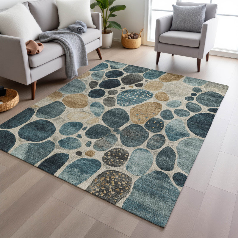 Tapis bleu sarcelle lavable à la machine intérieur / extérieur Xhevrie, Rectangle 10 pi x 14 pi