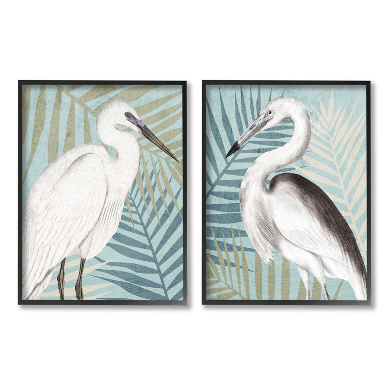 Heron Birds Layered Plant Leaves, Giclée encadrée noir minuit, H 14 po x l 11 po x P 1,5 po