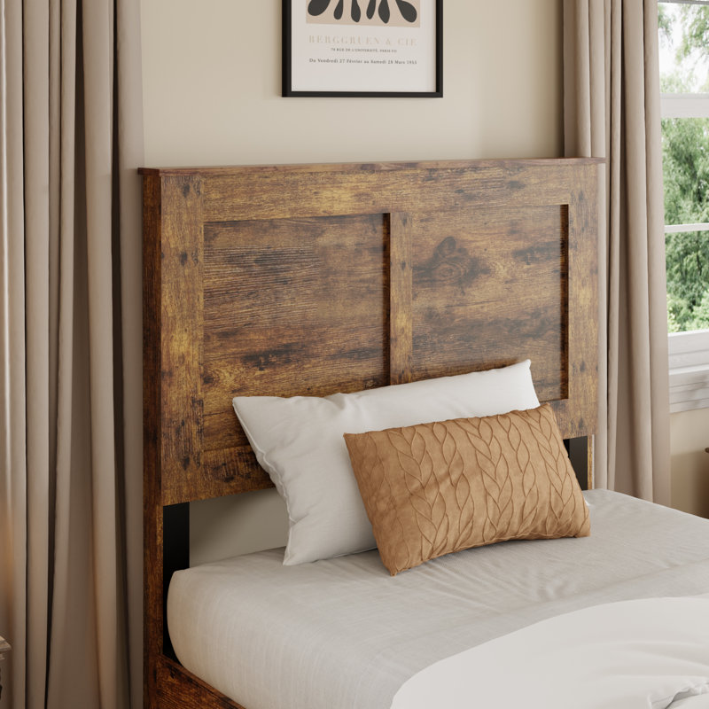 Farmhouse Bed Frame Twin Size，Wooden Platform Bed Frame with Headboard No Box Spring Needed, Rustic Brown Duplicate , Twin