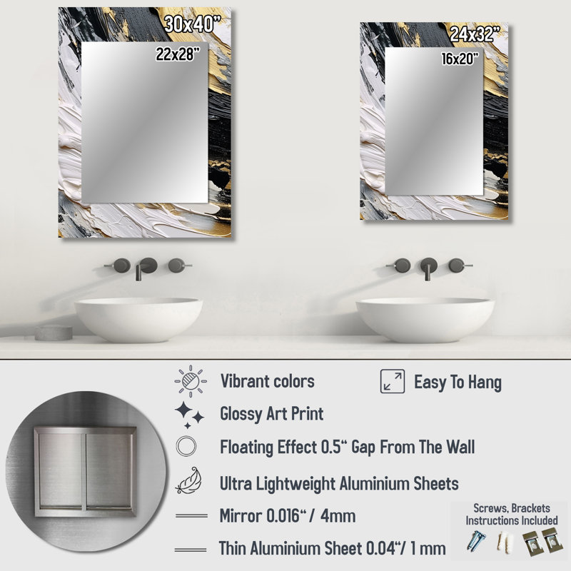Gold Black Spiral Illusions II - Abstract Decorative Mirror On Metal, 32" x 24"