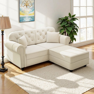 63-Inch Mid-Century Chesterfield Sofa With Ottoman, Rolled Arms & Nailhead Trim