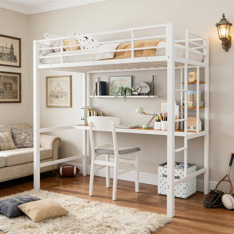 Lit mezzanine simple avec grand bureau et tablettes de rangement pour enfants et adultes, Blanc