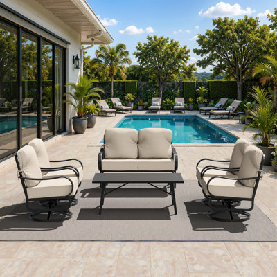 6-Piece Metal Patio Conversation Set with Coffee Table, 4 Swivel Chairs, Loveseat & Beige Cushions