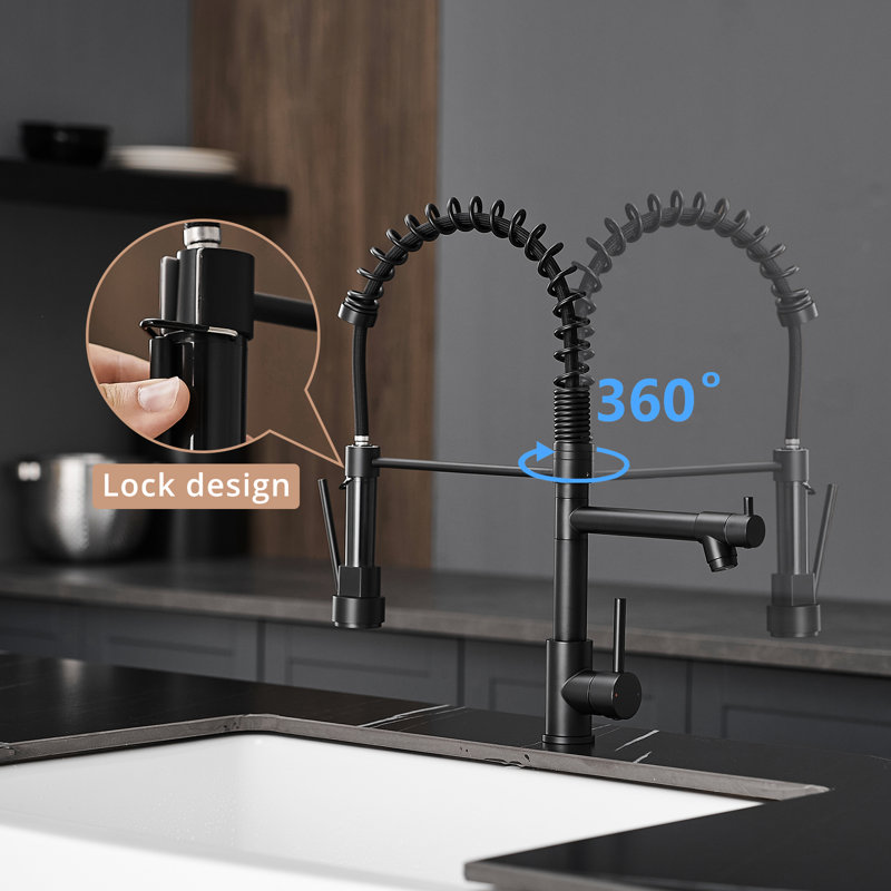 Kitchen Faucet With Pull Down And Soap Dispenser, Black, 304 Stainless Steel, Single Hole, Handle, Deck Plate Commercial Style