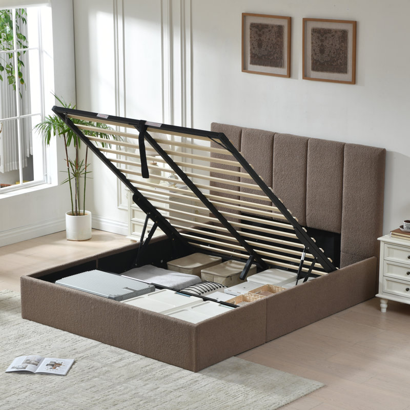 Juanetta Boucle Lift Up Storage Upholstered Platform Bed, Full, Brown Boucle
