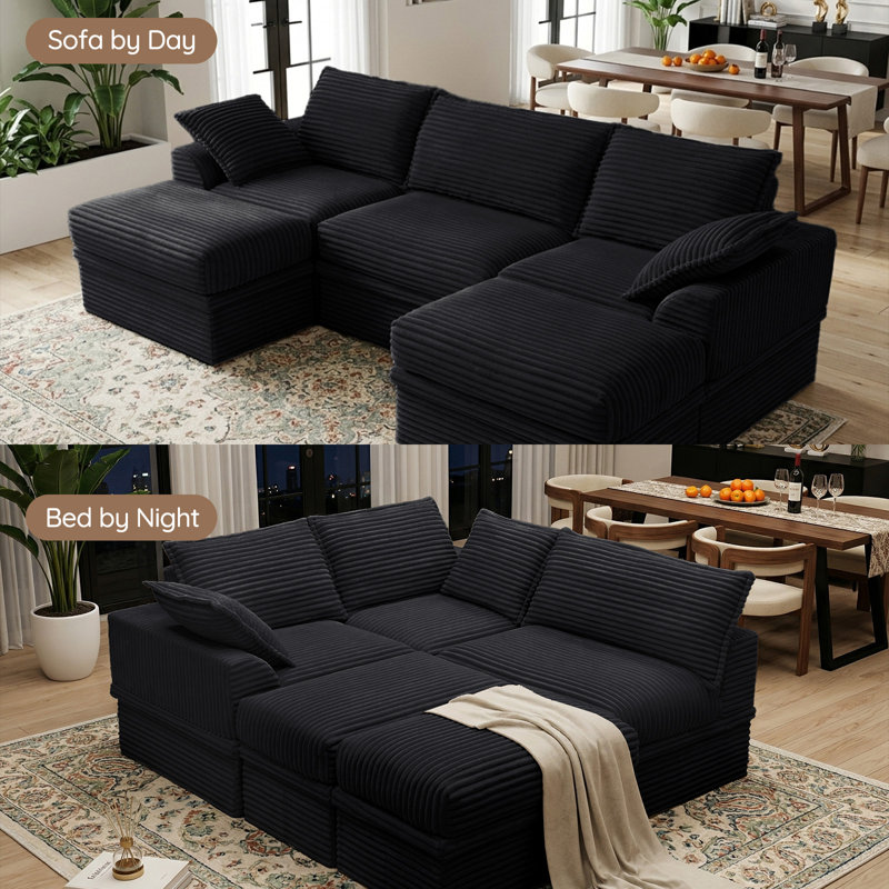 Canapé modulaire 107 po avec 2 repose-pieds, canapé moderne minimaliste rembourré en U pour salon, canapé d'angle à assise profonde avec rangement sous le siège, assemblage facile requis