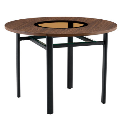 Table de salle à manger ronde moderne minimaliste de 42 po en grain de bois brun convenant à 4 à 6 personnes (incrustation de verre brun + support stable en métal, adapté à de multiples cas de figure).
