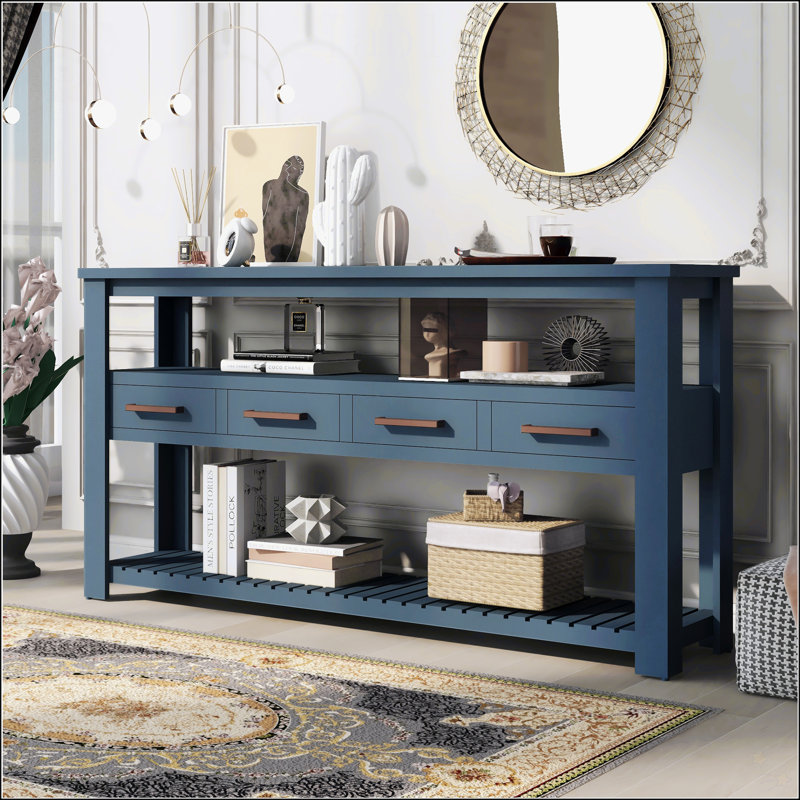 Navy Blue 62" Wood Console Table with Drawers and Shelves