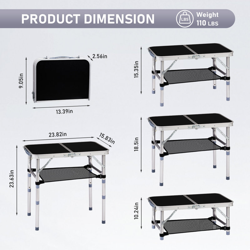 2 FT. Black Patio Aluminium Folding Table With Mesh Storage Bag, Black