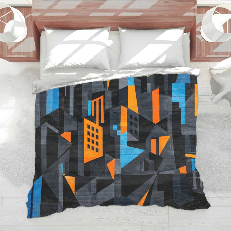 Urban Abstract Cotton Blend Floral Comforter, Grand lit, Bleu vif et orange foncé