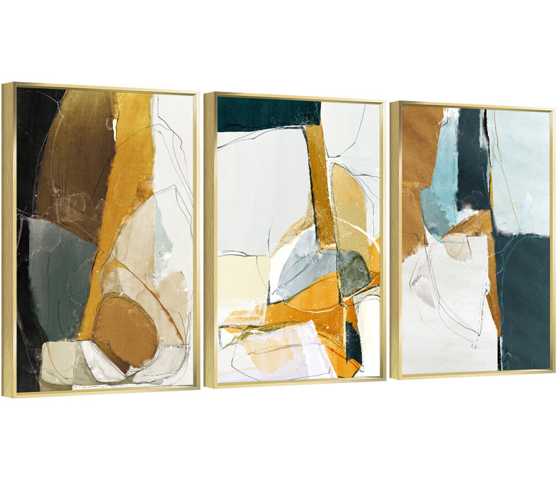 Abstrait aluminium encadré, ensemble de 3 reproductions encadrées en aluminium sur toile 8, H 24,3 po x l 48,3 po x P 1,65 po