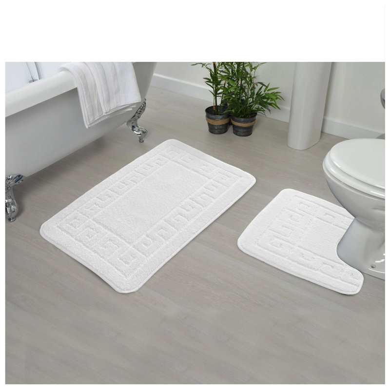 2 Piece Bathroom Rug Set Greek Key Pattern Bath Mat & Pedestal Mat Non Slip Rubber Back Soft Absorbent Mats, White