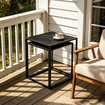 Modern 2-Piece Nesting Coffee Table Set, Black Marble Pattern Top & Black Metal Frame Square End Tables for Living Room Small Space