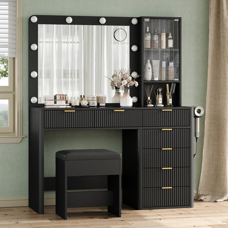 47'' W Fluted Vanity Desk, Makeup Vanity With 10 LED Lights And Mirror, 3 Lighting Modes Adjustable, 7 Drawers Makeup Table With Power Oultlet, Vanity With Chair, Glass Top Vanity Set