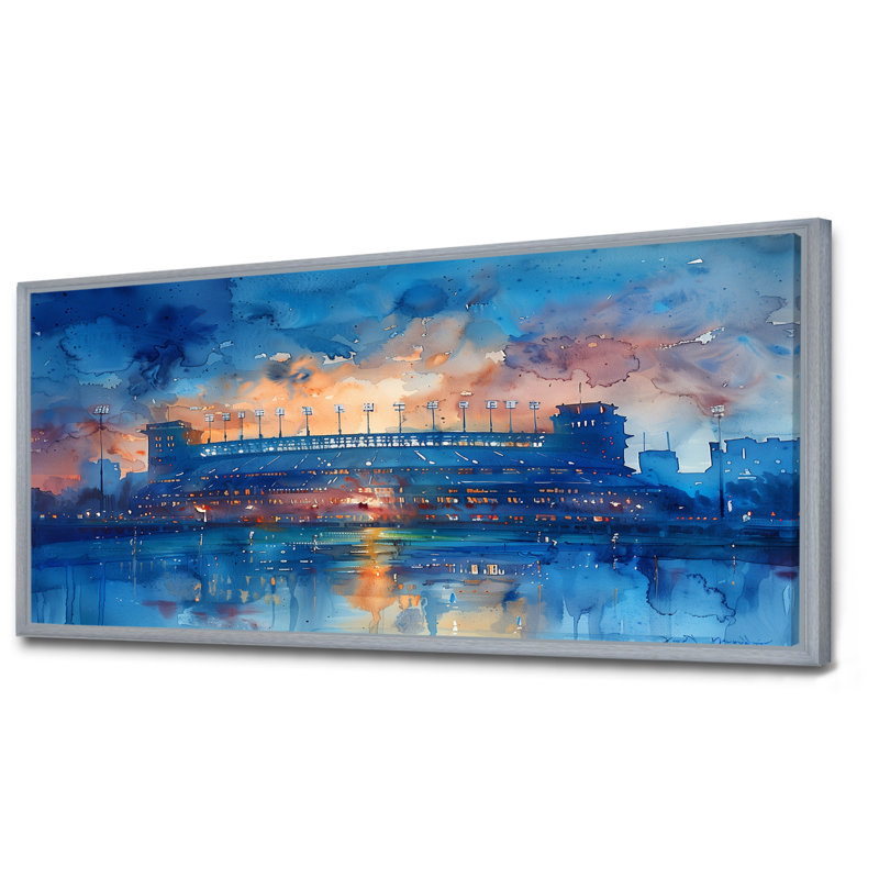 «Blue Orange Footbal Stadium At Night - Stades», reproduction d'art mural, Toile argentée avec cadre flottant