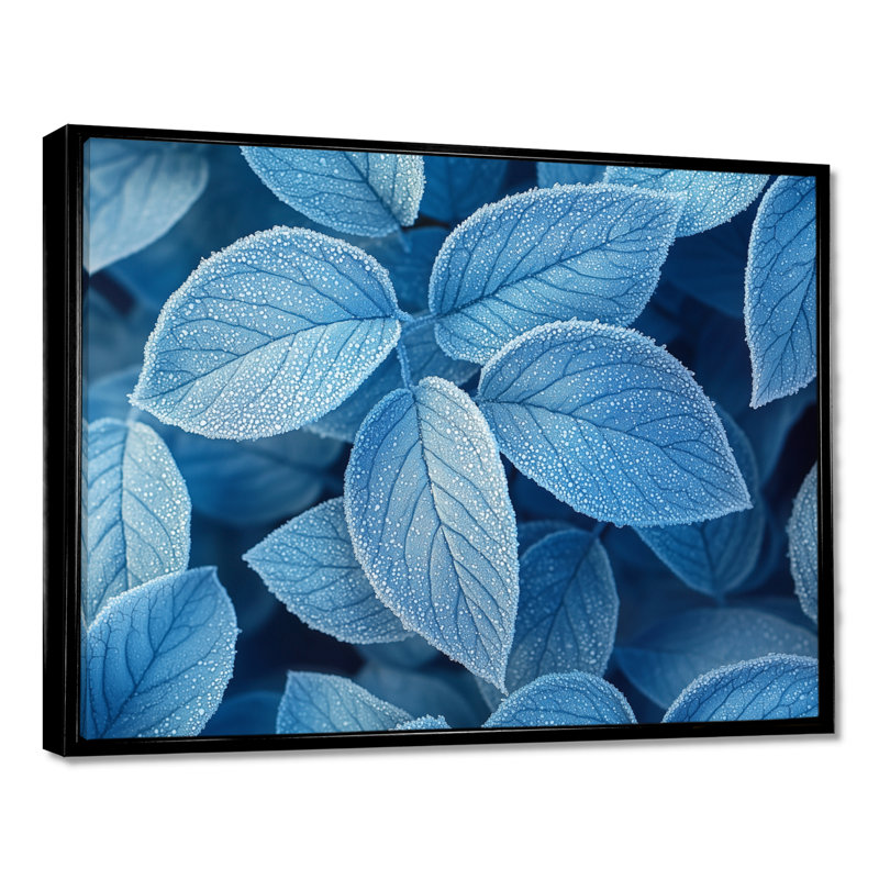 «Ifraz Frost Blue Leaves Tranquility II» - feuilles, art mural, H 12 po x l 20 po, Impression encadrée flottante