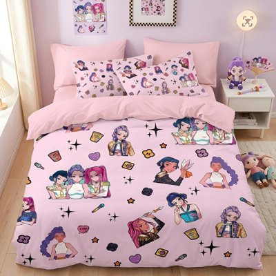 Ensemble de literie 4 pièces Kpop Demon Hunters pour filles / garçons, enfants et adolescents Housse de couette en polyester pour lit simple TG
