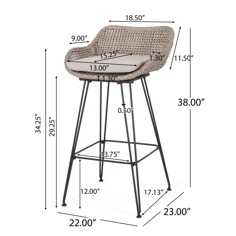Aranza Outdoor Wicker And Iron Barstool, Light Brown, Set Of 4