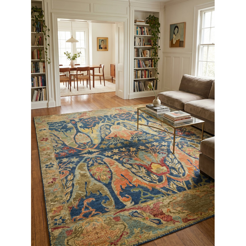 Antic Hand Knotted New Zealand Wool Blue/Camel Area Rug, 9'X12'