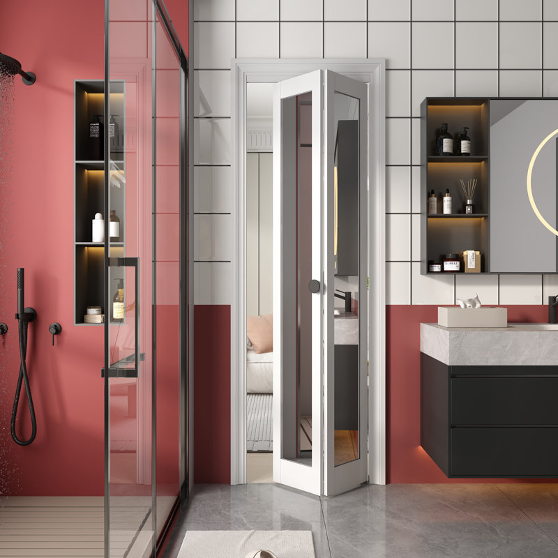 Porte de grange pliante 42 "x 80" (double porte miroir 21 "x 80") avec 1 miroir Lite, portes de placard pliantes, trousse de quincaillerie incluse, PVC, blanc, pour le salon, la salle de bain, la cuisine