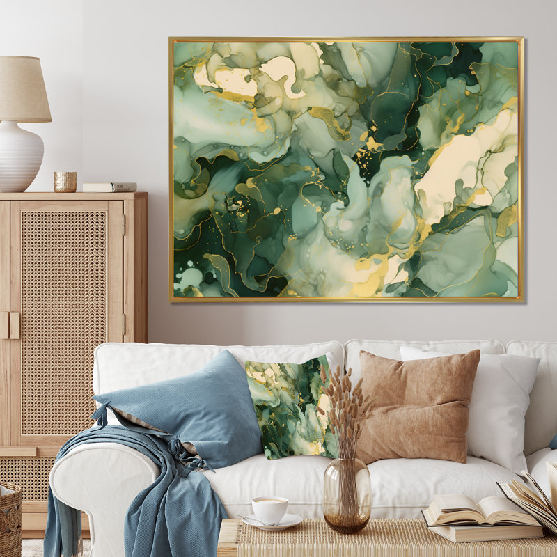 «Green Luxury Abstract Fluid Art I», art mural fractales, Cadre flottant doré, H 24 po x l 32 po x P 1 po