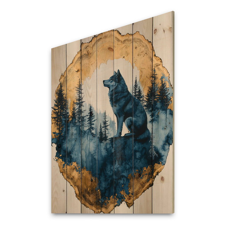 Loup doré dans un paysage de forêt bleue II - loup, reproduction sur bois - sur bois de pin naturel