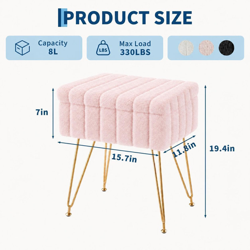 Tabouret de coiffeuse avec rangement, Pink, Fourrure