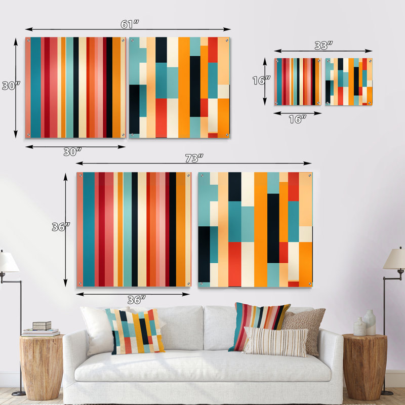 Pastel Colours Midcentury Stripes Pattern - Abstract Midcentury Acrylic Wall Art Glass Set Of 2, H 36 po x l 73 po