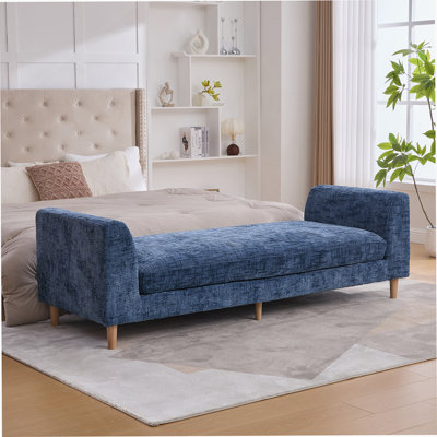 Banc de bout rembourré de 83,1 po de largeur avec accoudoirs, méridienne avec 2 traversins, lit de jour avec pieds en bois d'hévéa pour salon, chambre à coucher, appartement et chambre d'amis