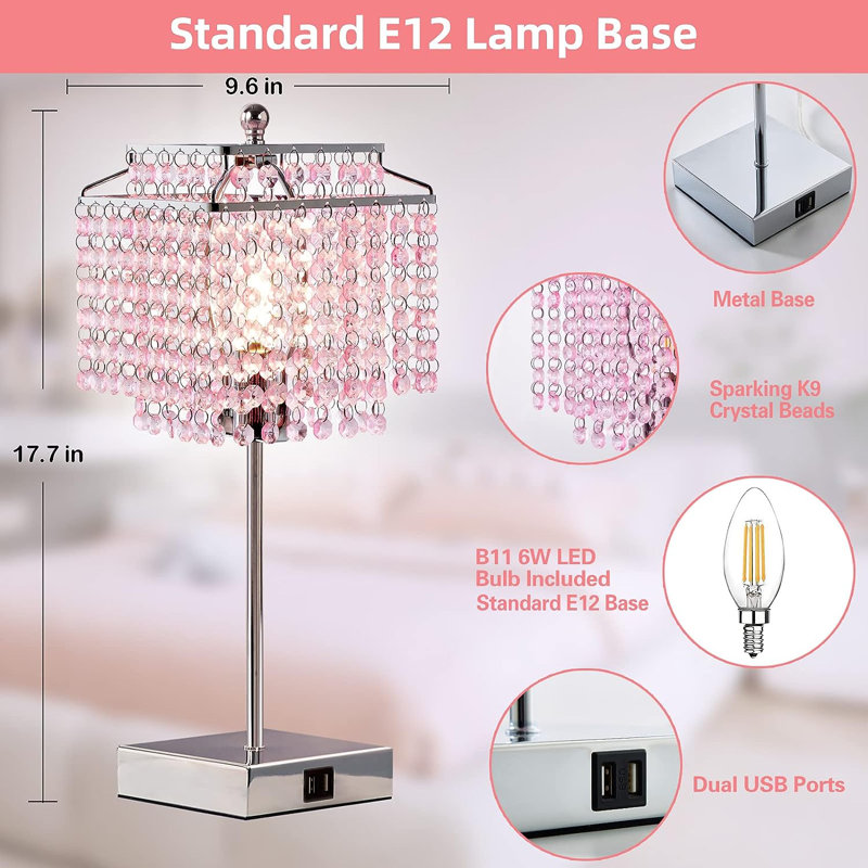 Deyontae Crystal Touch Table Lamp with USB C+A Ports, 3 Way Dimmable Lamp with Crystal Shade, Silver, Pink