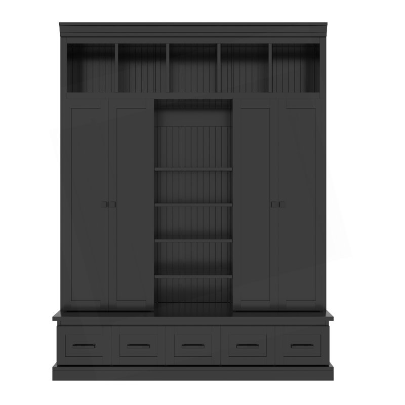 Hall Tree With Bench And 5 Storage Cubbies, Modern Entryway Storage Organizer Cabinet With 4 Doors, Black