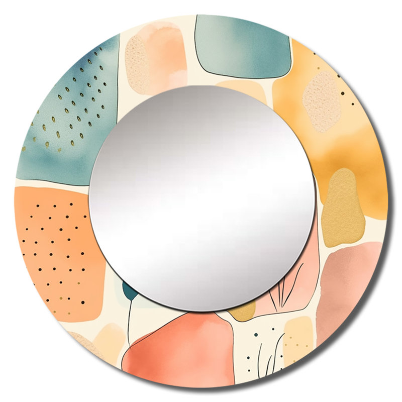 Peppina orange amusant motif de formes II - miroir géométrique, miroir mural décoratif rond moderne, art imprimé en métal