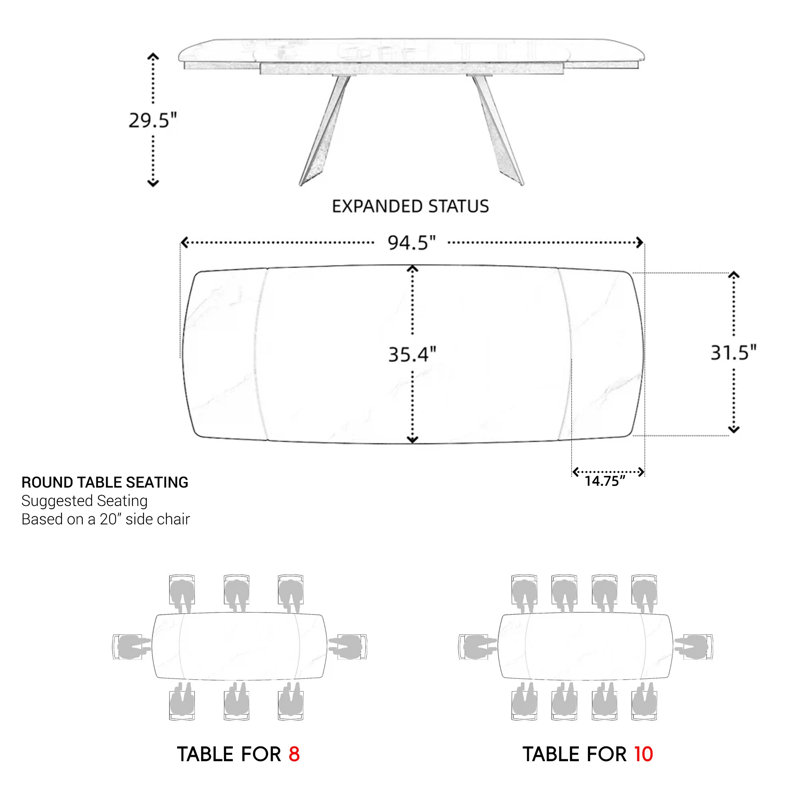 Table de salle à manger extensible de 65 à 94,5 po pour 8 à 8 mois avec plateau en pierre frittée Moiser, Marbre mat blanc