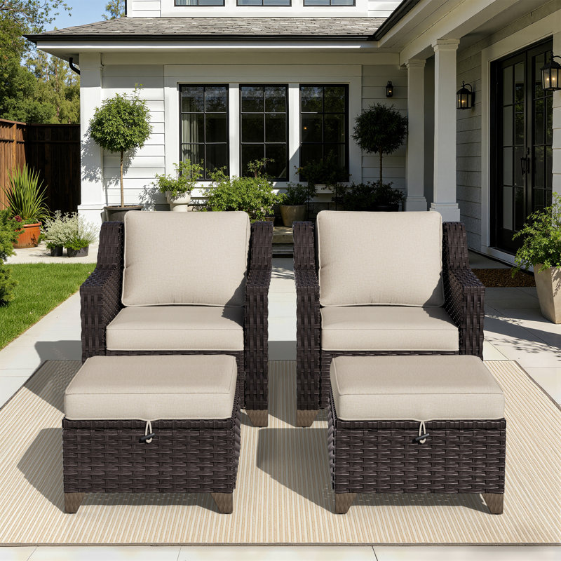Meriwether Patio Chair with Cushions and Ottomans, Beige