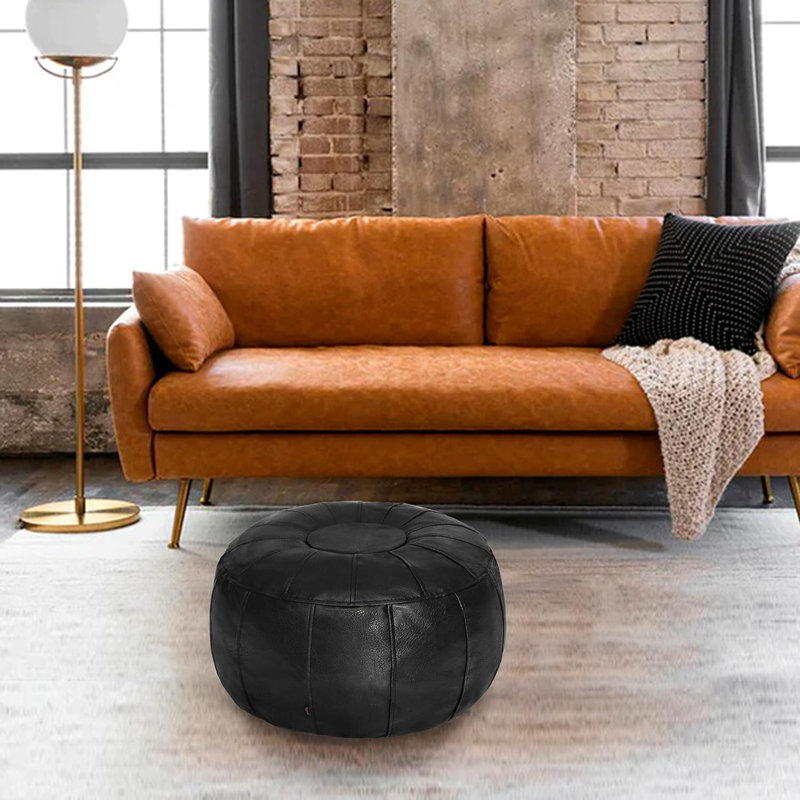Colombe Upholstered Pouf, Black Leather Match/Leather