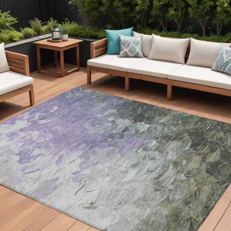 Tapis extérieur lavable abstrait vert olive et argent 9 pi x 12 pi lavande